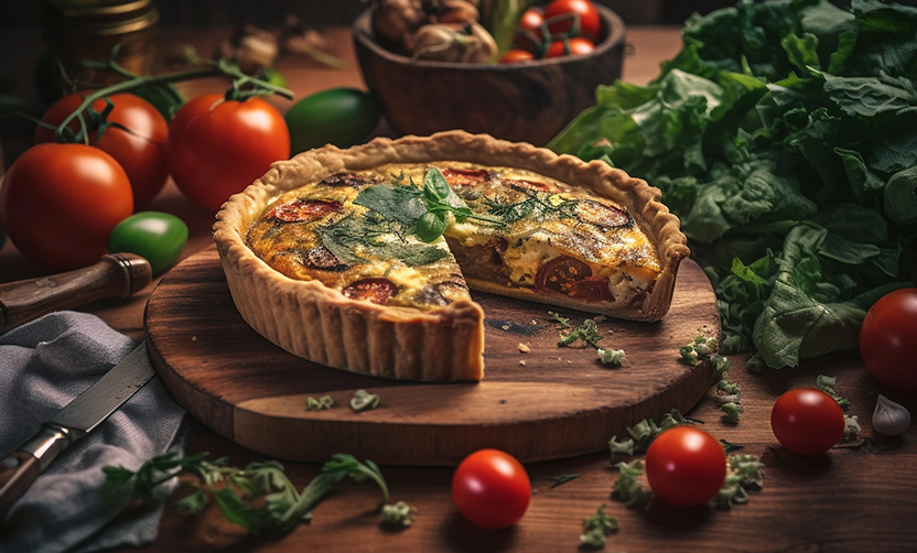 Tortas, quiches e saladas lindas